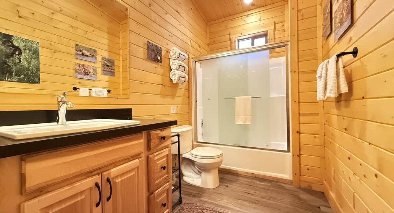 Private bathroom with shower tub combo, toilet, and sink vanity.