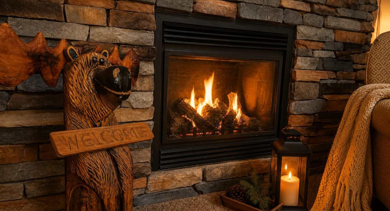 Cozy up next to the beautiful stone fireplace, complete with a charming carved wooden moose welcome statue and a warm, inviting hearth.