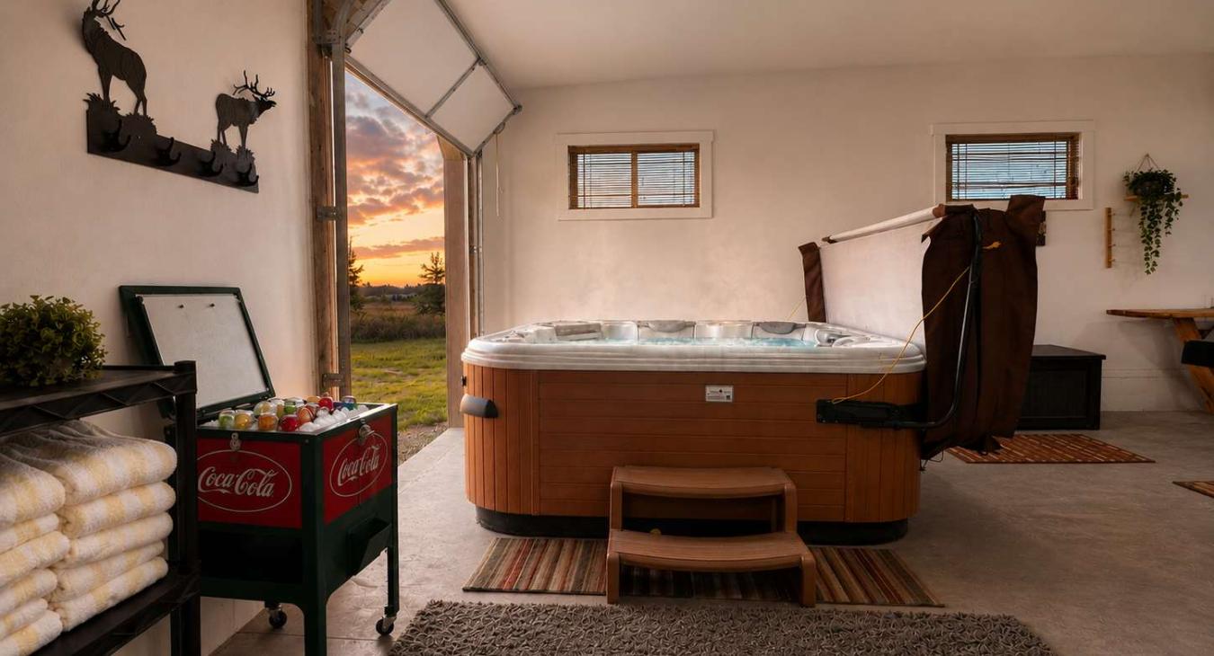 Experience ultimate relaxation at dusk. Soak in the hot tub with a cold drink from the cooler while watching the gorgeous sunset.