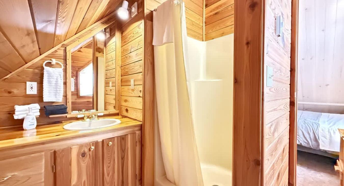 Bathroom with shower, sink vanity, and toilet.