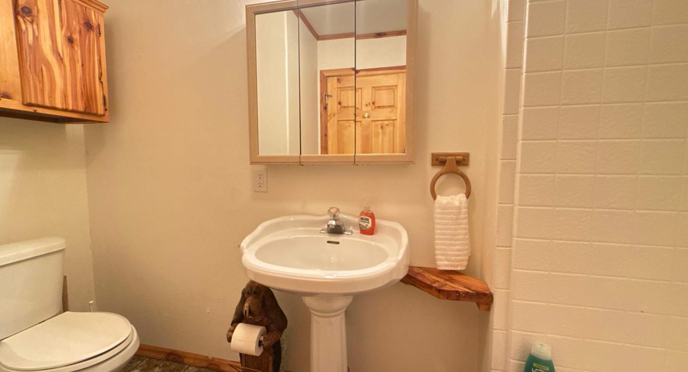 Shared bathroom on the main level with shower tub combo, toilet, and sink.