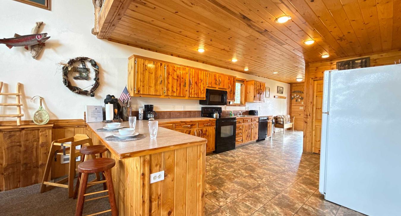View from the living room into the large kitchen
