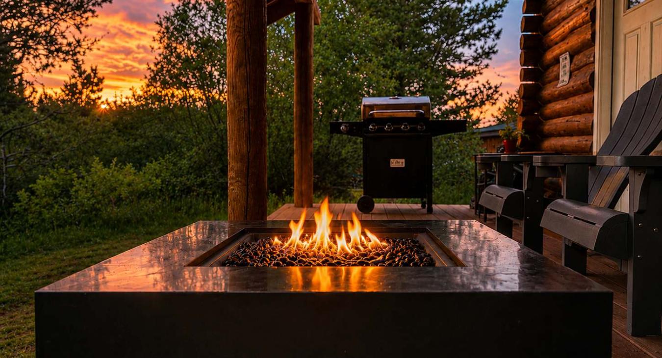 Experience unforgettable evenings on the covered deck, where you can watch a breathtaking golden sunset over the trees while staying cozy by the warm propane gas fire pit table.