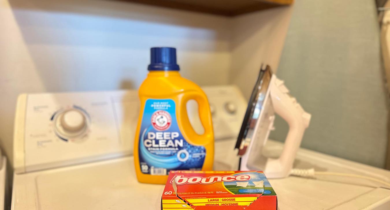 Laundry soap provided. Iron and ironing board.