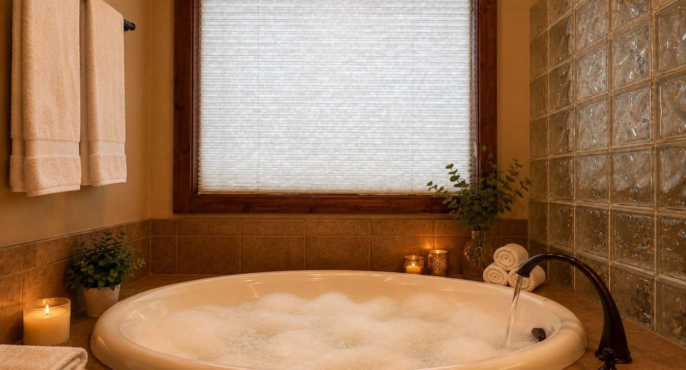 Indulge in a spa-like experience in the master bathroom, featuring a grand circular tub surrounded by warm candle light.