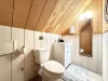 Upstairs bathroom with shower, toilet, and sink vanity.